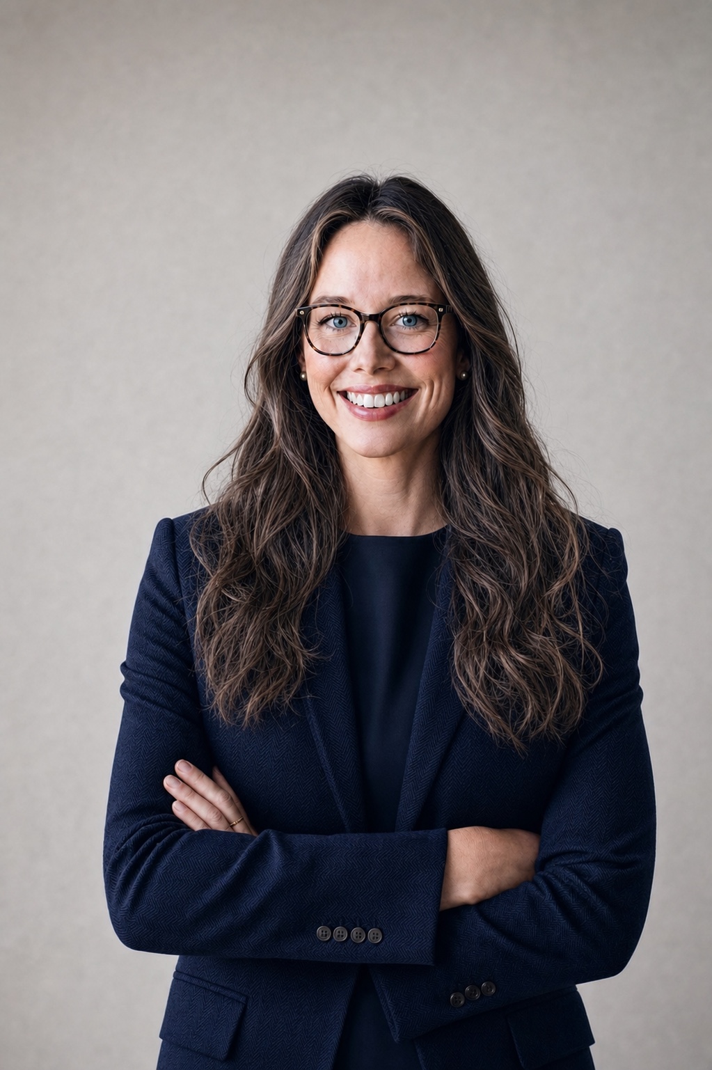 Natural studio portrait of Katharina Julia Brenner wearing glasses and tonal navy tailoring.
